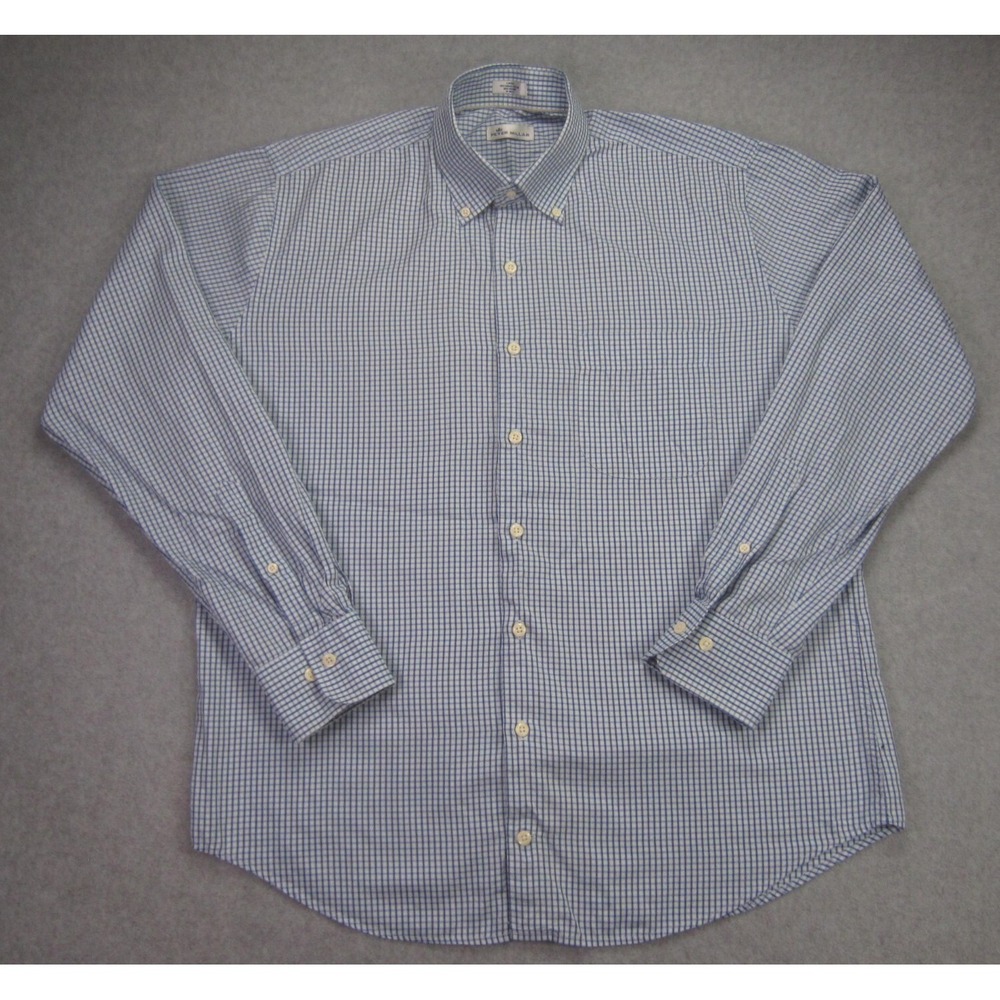 Peter Millar Shirt Mens L Blue Check Cotton Silk Blend Button Down Dress‎ READ